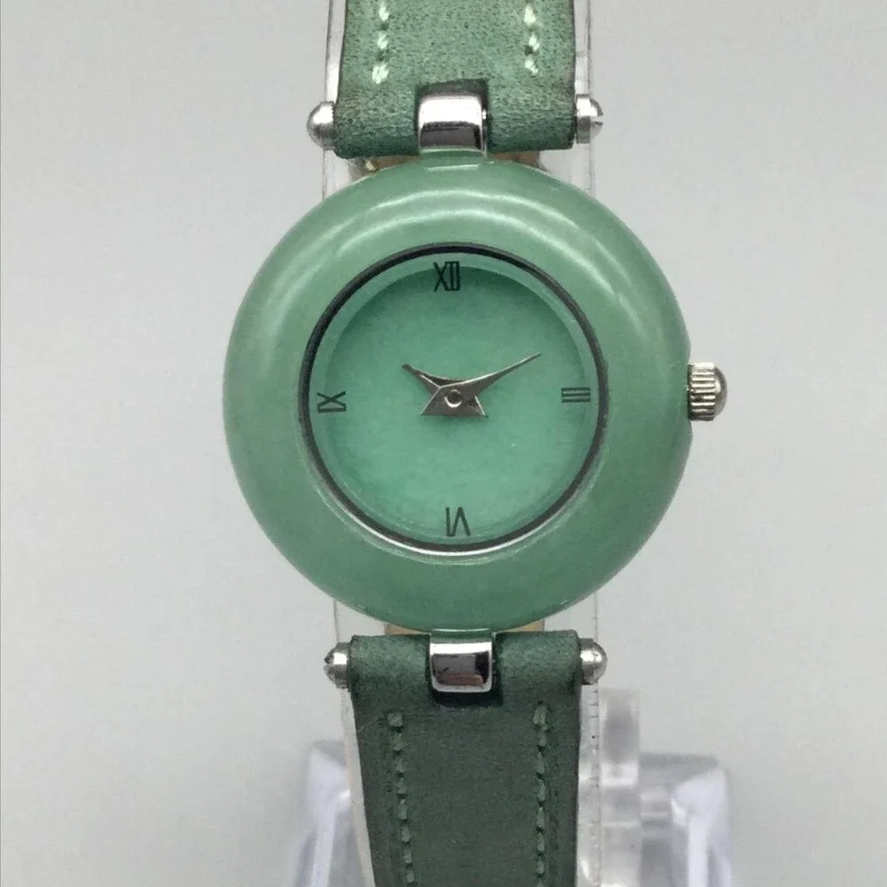 Womens Watch 24mm Green Dial Sterling 925 Case Green Leather Strap New Battery